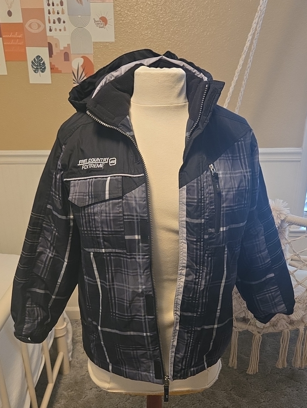 Free Country Black & Gray Plaid Insulated Hooded Puffer Jacket